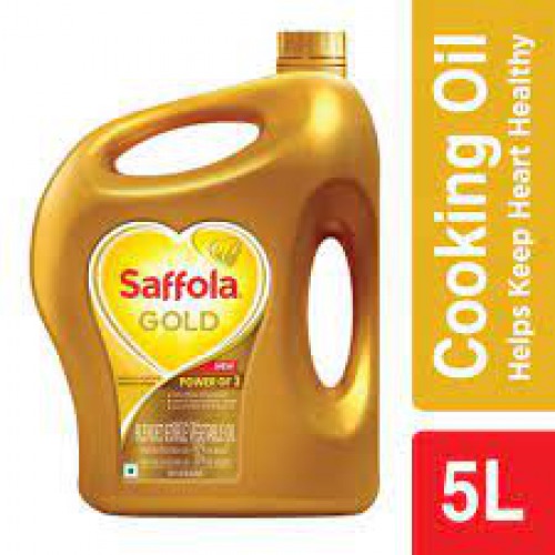 Saffola Gold Refined Cooking oil | Blended Rice Bran & Sunflower oil | Helps Keeps Heart Healthy, 5 L Jar