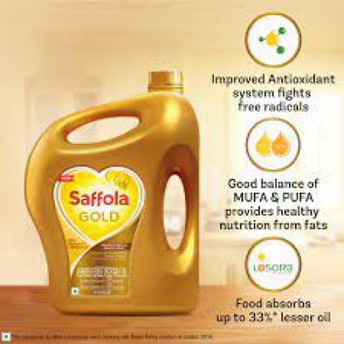 Saffola Gold Refined Cooking oil | Blended Rice Bran & Sunflower oil | Helps Keeps Heart Healthy, 5 L Jar